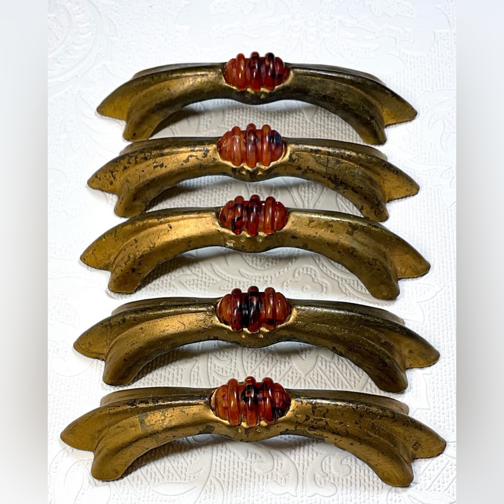 Set of 5 Vintage Art Deco Bakelite Brass Metal Amber Drawer Pulls